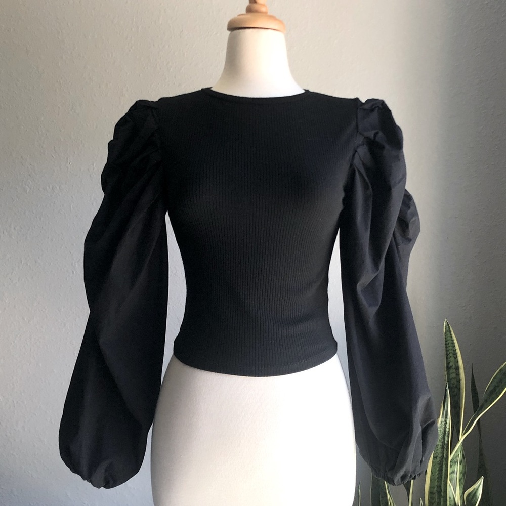 ASOS Black Volume Sleeve Poplin Ribbed T-shirt